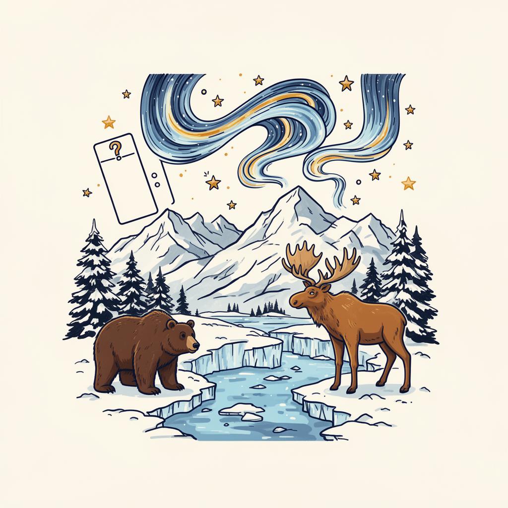 Illustrated Alaska trivia scene with snowy mountains, pine trees, glacier, bear, moose and northern lights