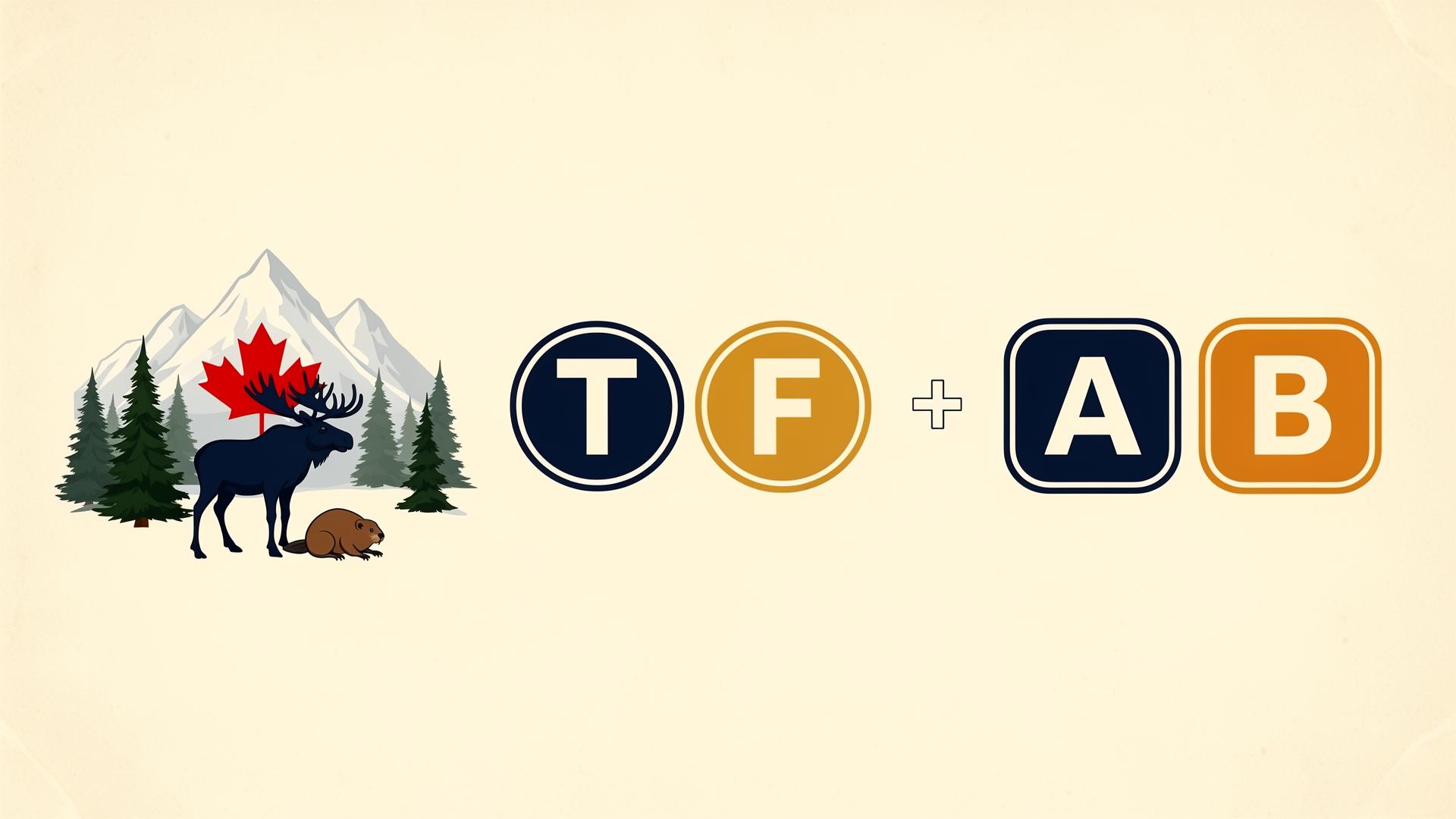 Illustrated Canada mixed trivia scene with maple leaf, mountains, moose, beaver and combined T/F plus A/B answer badges