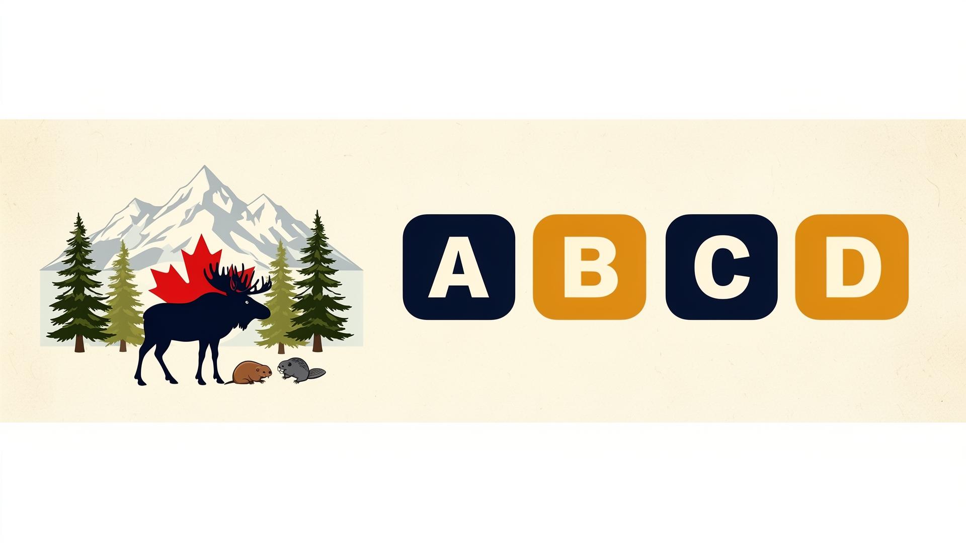 Illustrated Canada multiple choice trivia scene with maple leaf, mountains, moose, beaver and A B C D answer badges