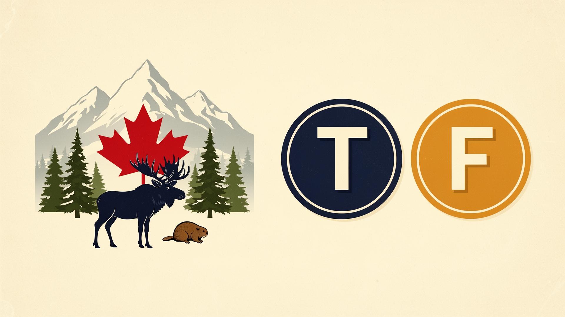 Illustrated Canada true/false trivia scene with maple leaf, mountains, moose, beaver and large T and F badges