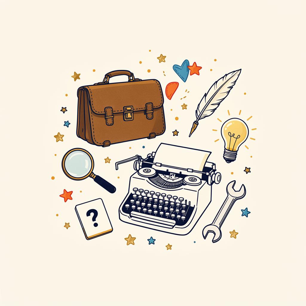 Illustrated quirky careers trivia scene with briefcase, typewriter, magnifying glass and lightbulb
