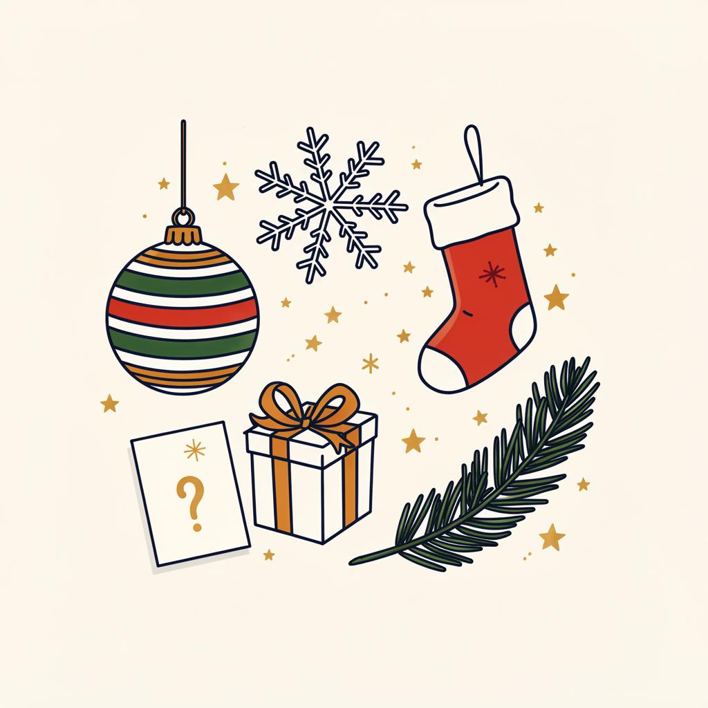 Illustrated Christmas trivia scene with ornament, snowflake, gift, stocking and evergreen