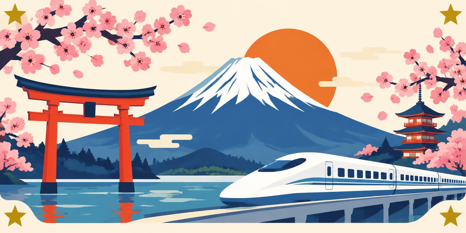 Illustrated Japan trivia scene with Mount Fuji, red torii gate, cherry blossoms, bullet train and gold stars