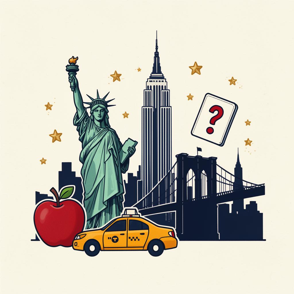 Illustrated New York trivia scene with Statue of Liberty, skyline, taxi, apple, Brooklyn Bridge and gold stars