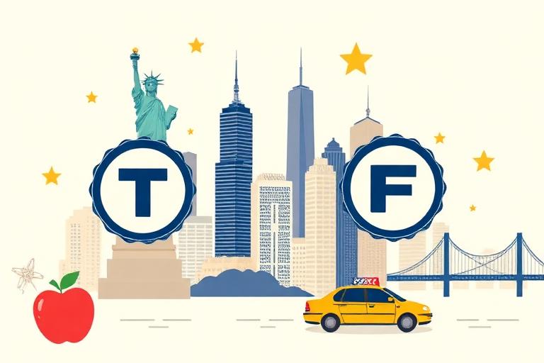 Illustrated New York true/false trivia scene with Statue of Liberty, skyline, T and F badges, taxi and Brooklyn Bridge