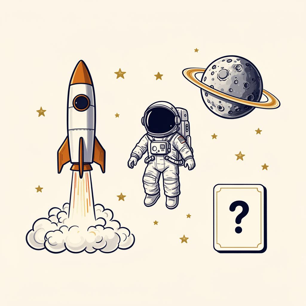 Illustrated space trivia scene with rocket, astronaut, moon and planet