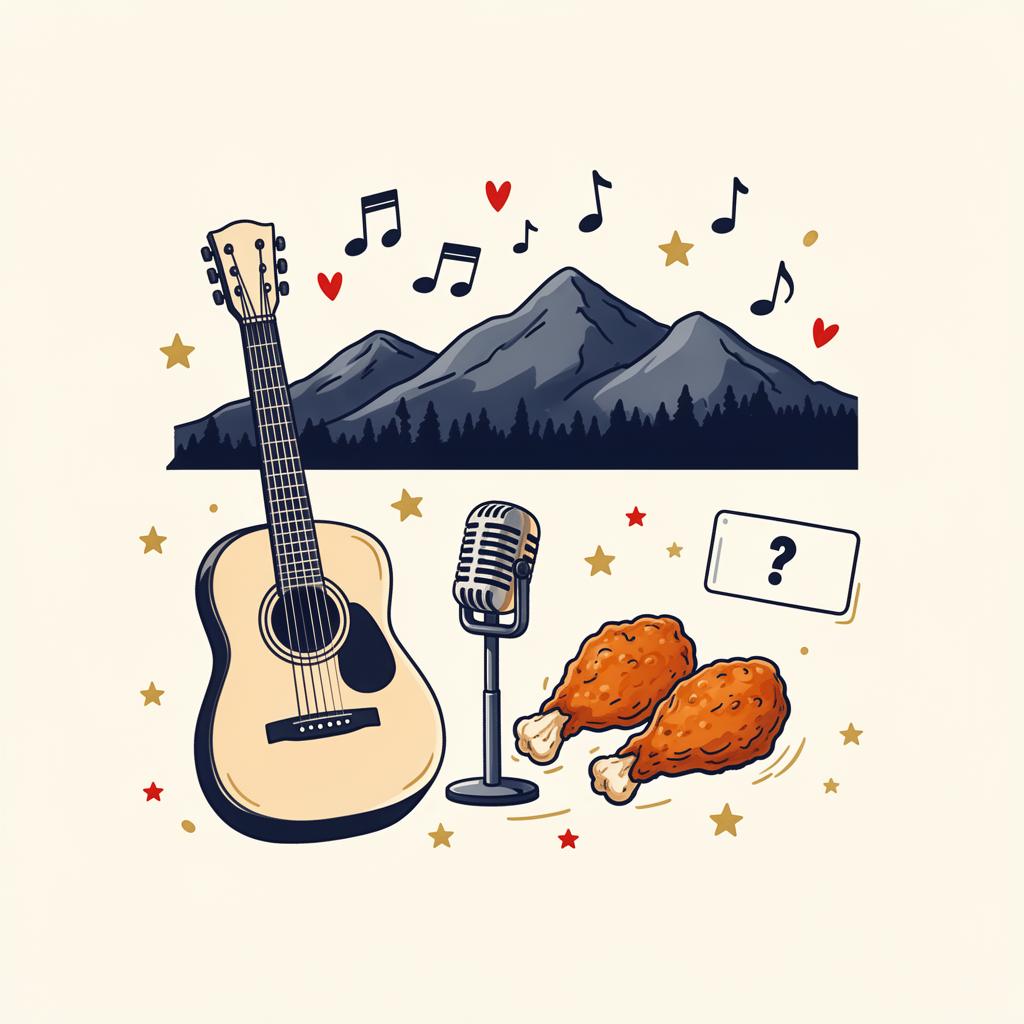Illustrated Tennessee trivia scene with guitar, microphone, Smoky Mountains, music notes and hot chicken